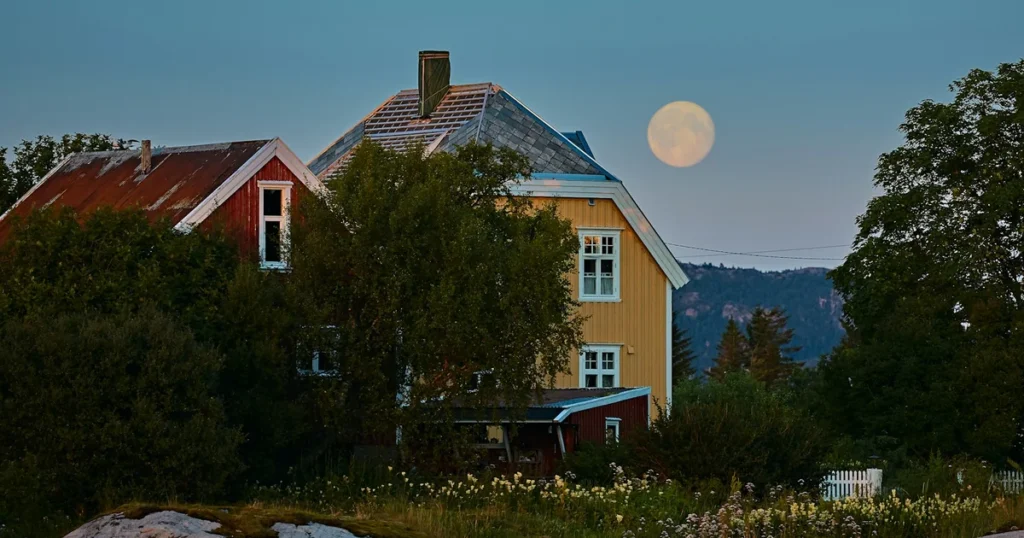 Person observing the full moon from a residential backyard porch at night